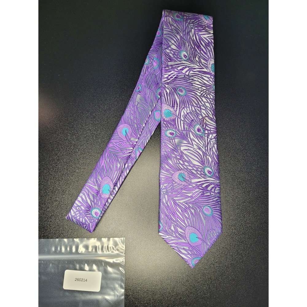 Verse 9 Necktie Purple Gray Teal Peacock Feather Silk Excellent - Picture 4 of 4